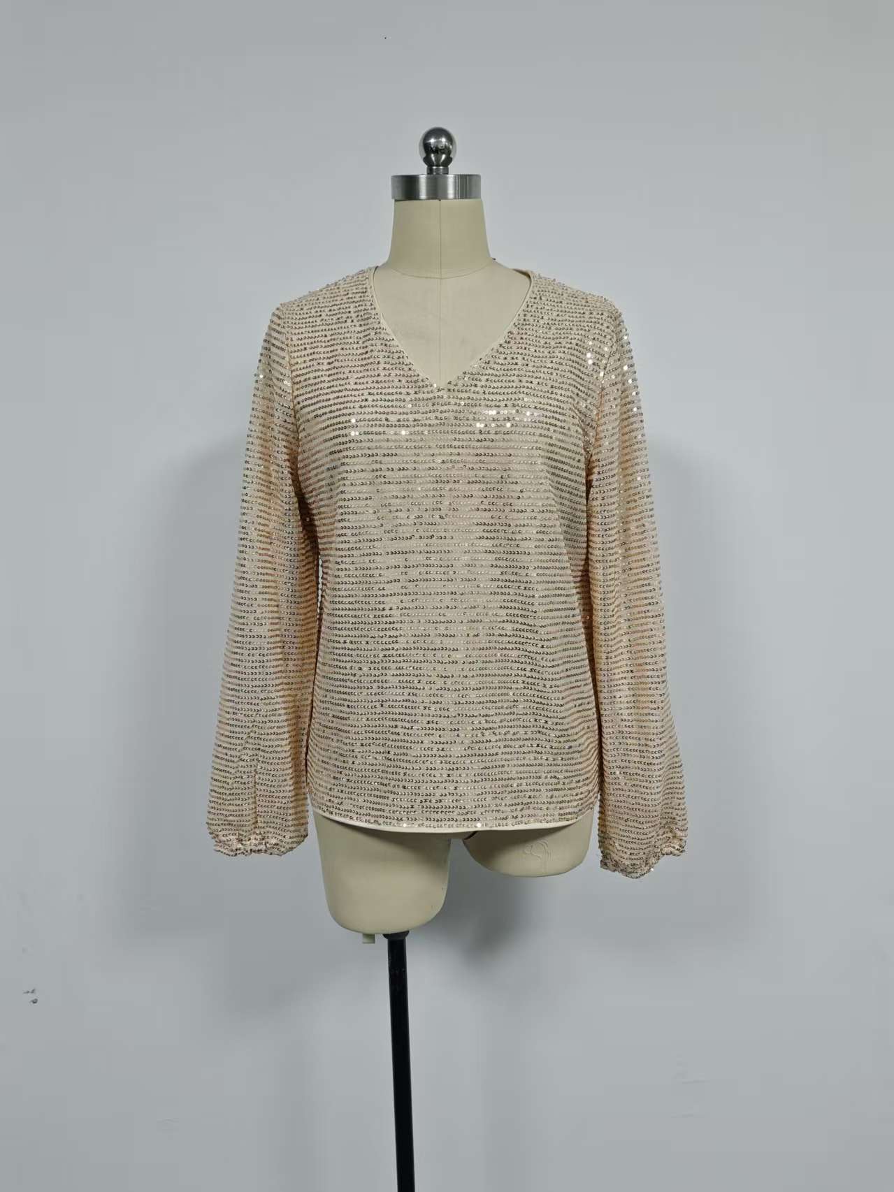 Elegant Women's V-neck Sequin Tunic Top, Long Sleeve Glitter Tee_voghion.com