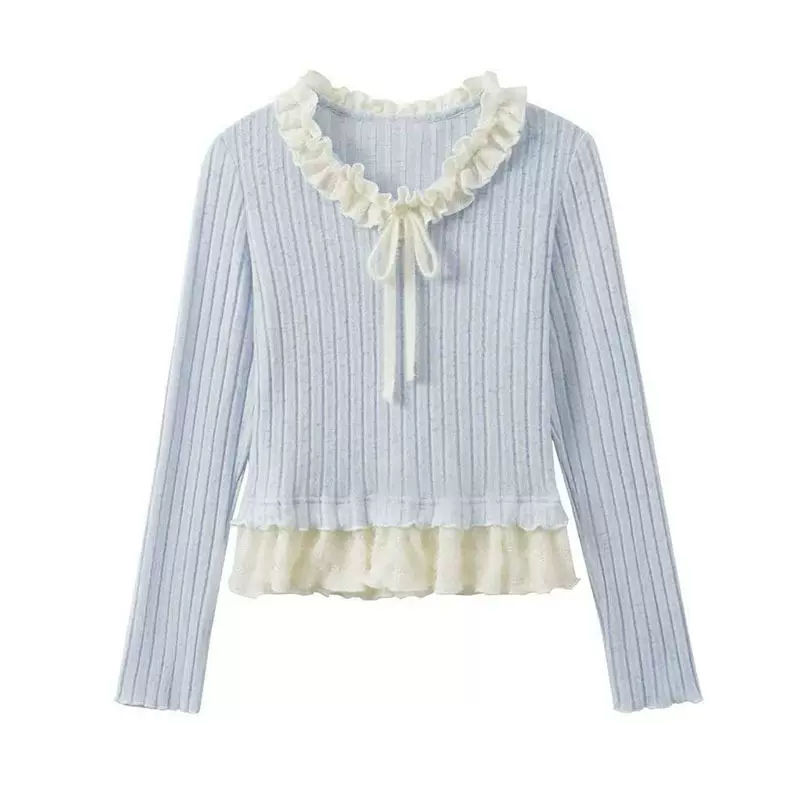 大朗毛衣厂木耳边假两件早春针织衫女长袖内搭打底衫短款蓝色上衣