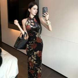 高品质气质改良旗袍新中式百搭丝绒性感无袖中长款显瘦收腰连衣裙