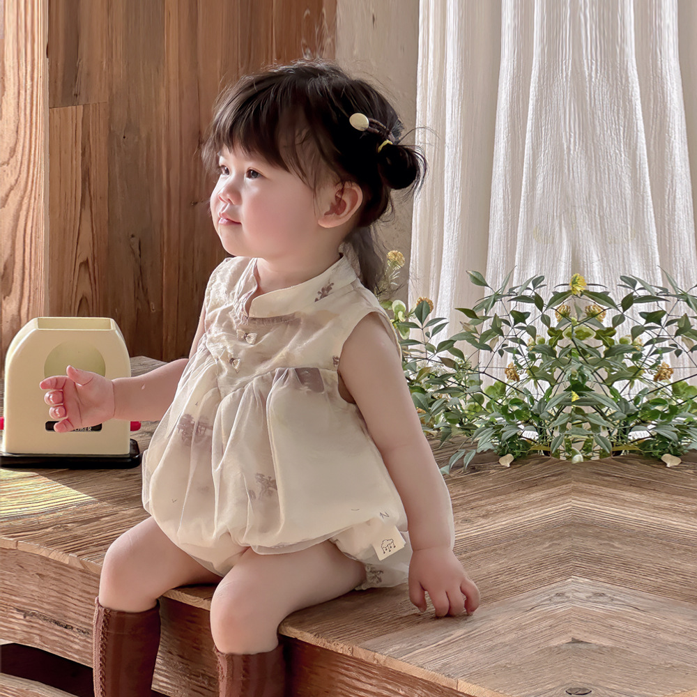 Mono de bebé 2024 estilo fino de verano para niños nuevo mampara de cheongsam chino para niñas abrigo de pedo para bebé ropa de año nuevo
