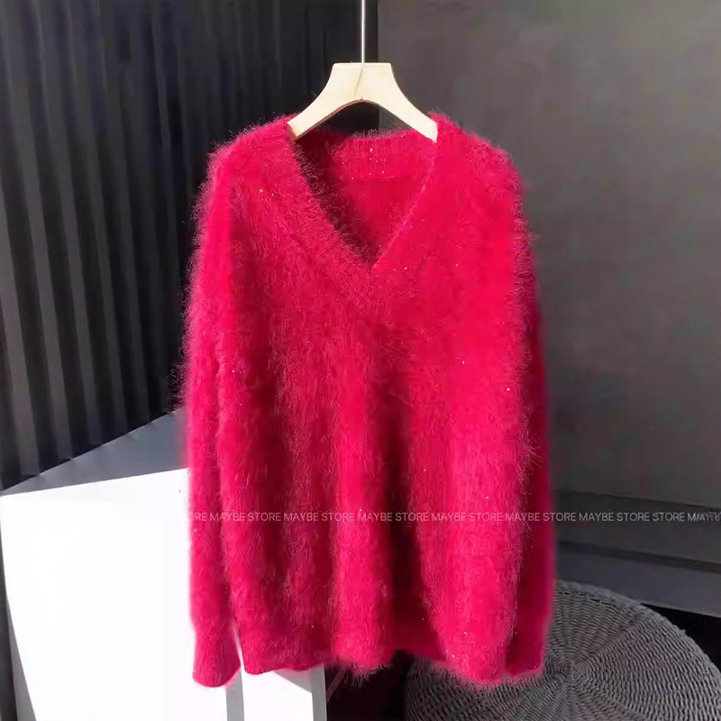 Limited Edition Christmas and New Year Red Starry Sequin Yarn Cashmere Sweater Brushed Long Hair Thickeneded Brushed Sweater Top Limited Edition Christmas and New Year Red Starry Sequin Yarn Cashmere Sweater Brushed Long Hair Thickeneded Brushed Sweater Top