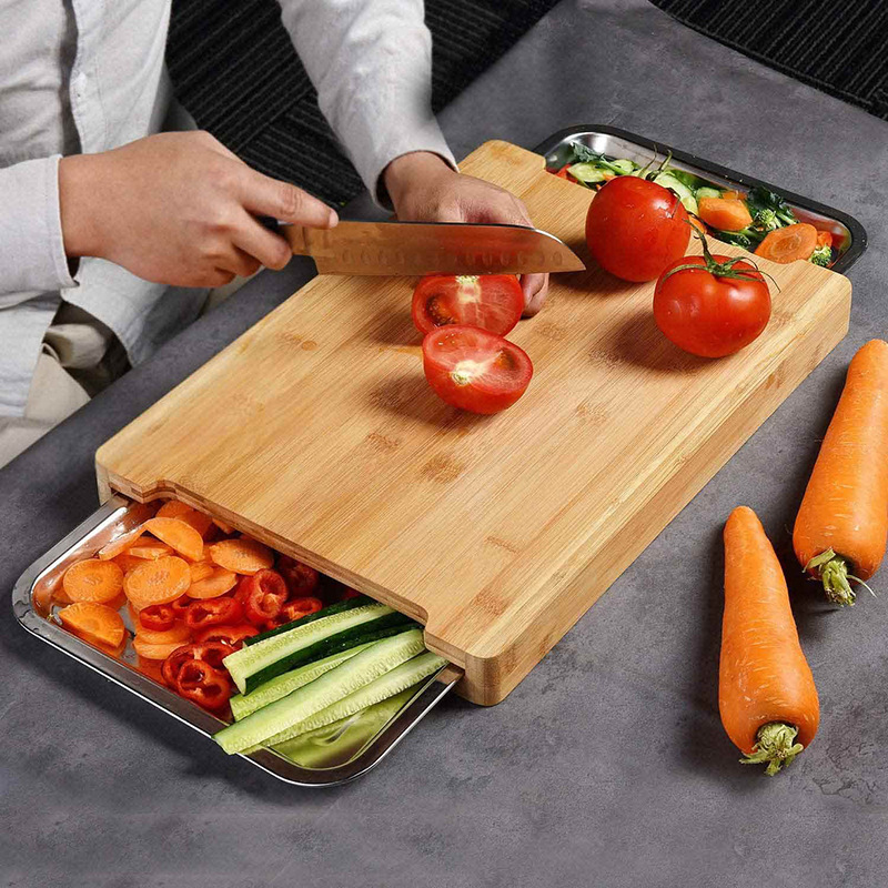 tablero de cortar de bambú multifuncional con cajón de almacenamiento tablero de escritorio conveniente de frutas, verduras, carne y verduras tablero de cortar