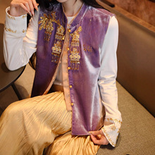 新中式国风秋款新中式重工竹叶钉珠真丝丝绒拼欧根纱长款马甲女