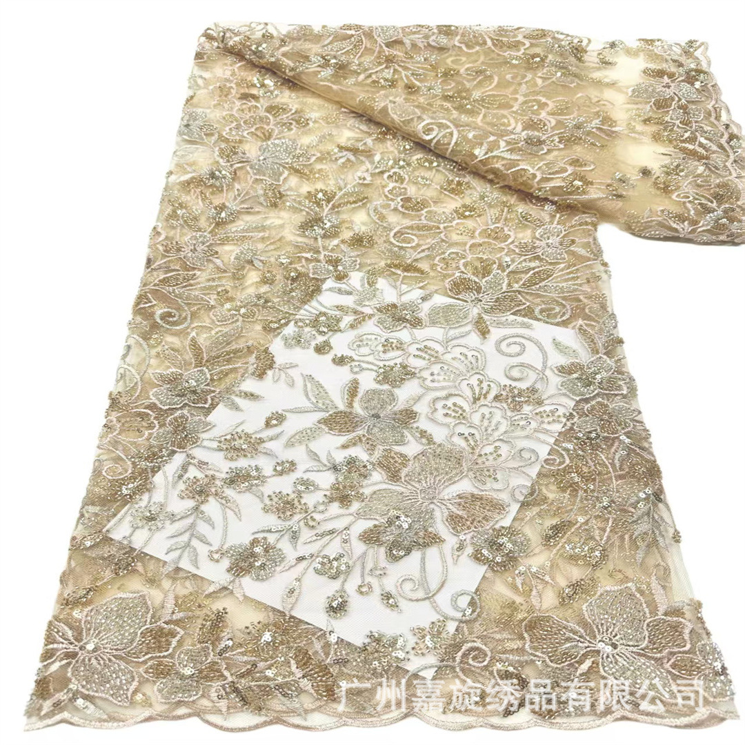 Tela de bordado pesado con diseño floral de una sola cara, lentejuelas con cuentas, adecuada para vestidos de novia, vestidos de noche y encaje de qipao.