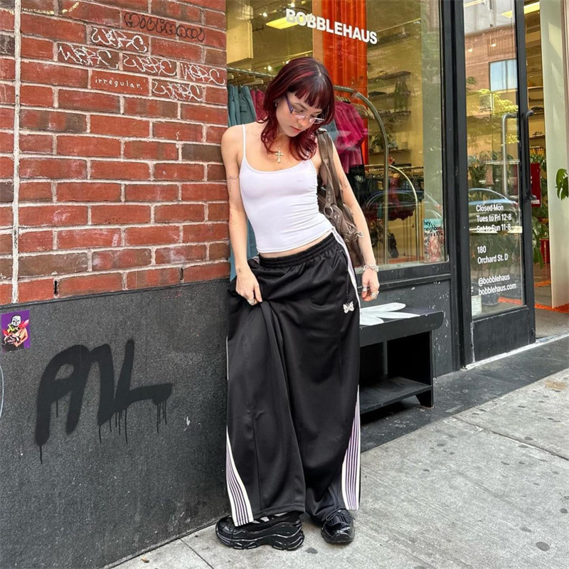 Needles track butterfly embroidery straight tube chubby pants European and American OS wide version lantern casual sports wide leg pants