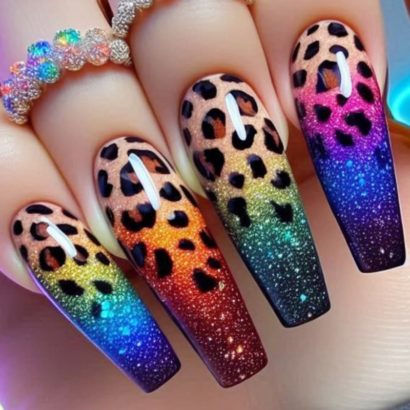 Wear Long Ballet Gradient Colorful Leopard Print Sparkling Glitter Decorative Removable Fake Nail Manicure Patch