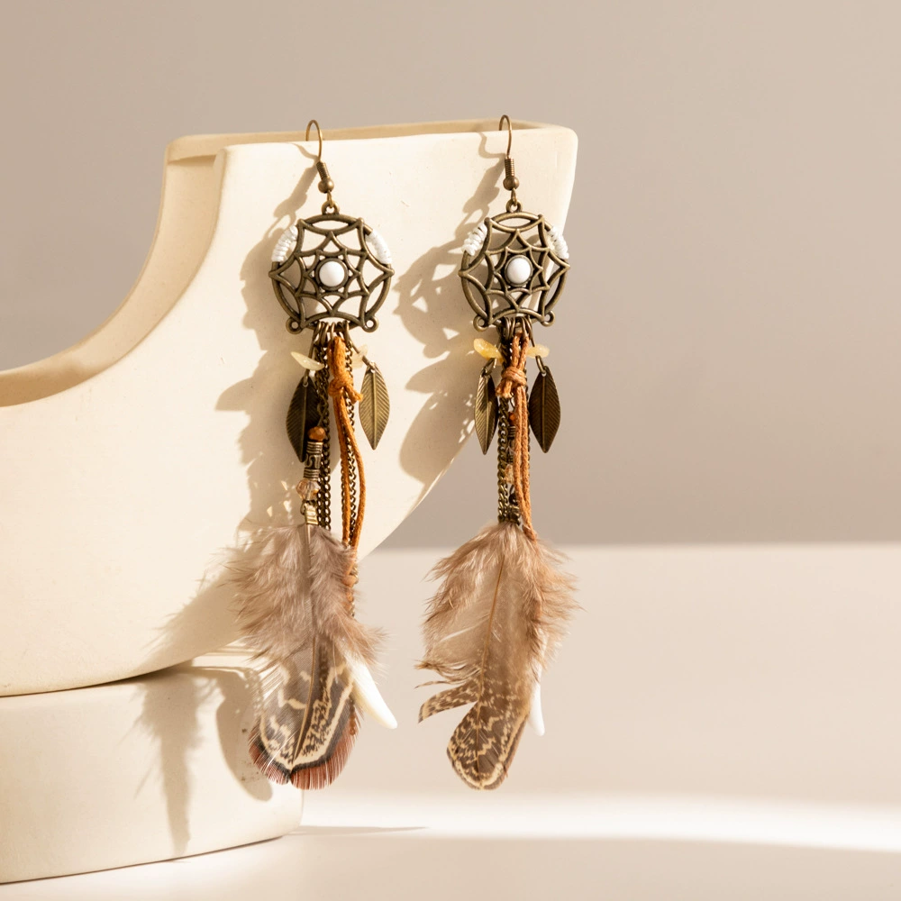 Трансграничные горячие продажи перья серьги богемный национальный стиль европейский и американский ретро ловля сети металлические листья перья серьги