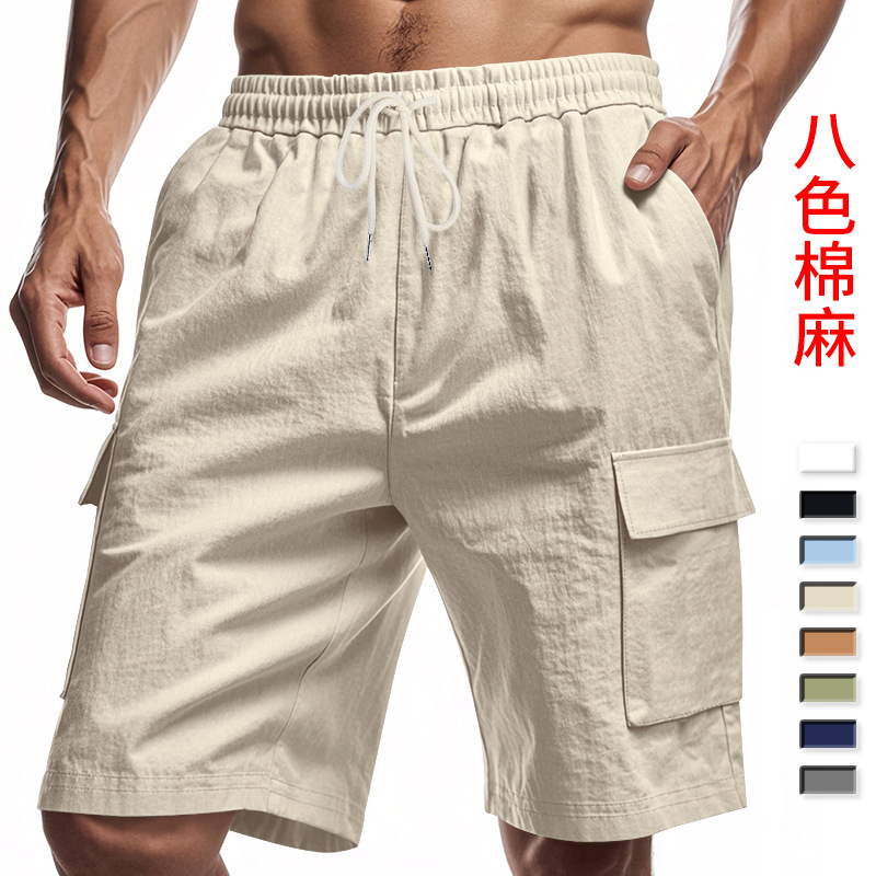 Cross-Border American Multi-Pocket Cargo Pants Men's Outdoor Sports Casual Loose Solid Color Linen Cargo Shorts