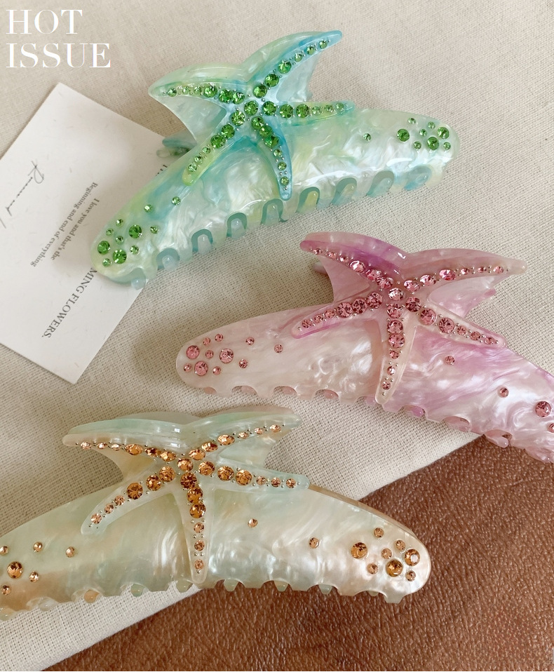 Haarnadel mit originellem Design, mit Diamanten besetzte Seestern-Haarspange, übergroße Haifisch-Haarspange, dreidimensionale Haarspange in Acetat-Temperamentfarbe_voghion.com