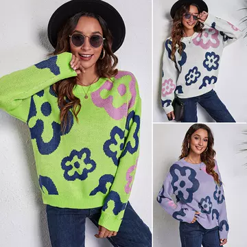 Independent station explosive flower jacquard off-shoulder knitted sweater women loose autumn and winter new European and American women cross-border - ShopShipShake