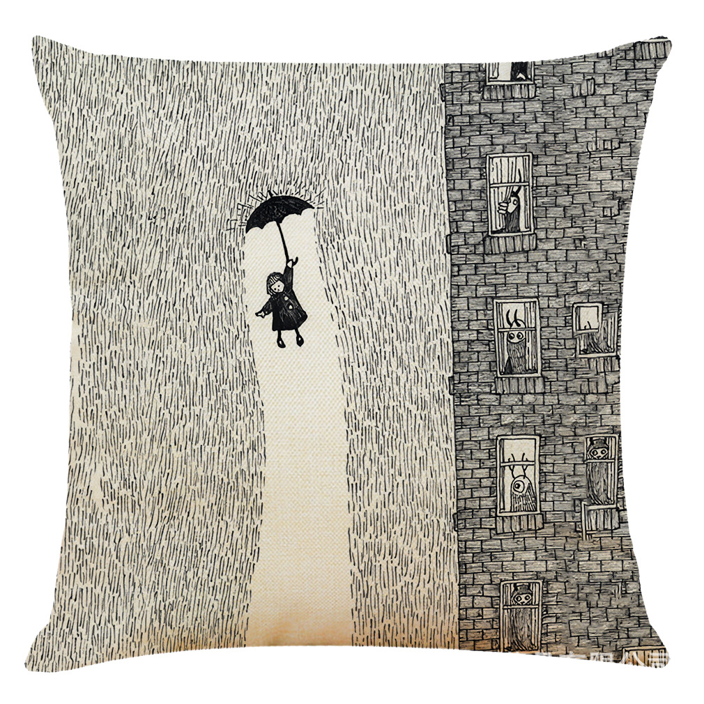 亚马逊新款艺术铅笔画棉麻抱枕套汽车靠垫办公室午睡抱枕厂家直销