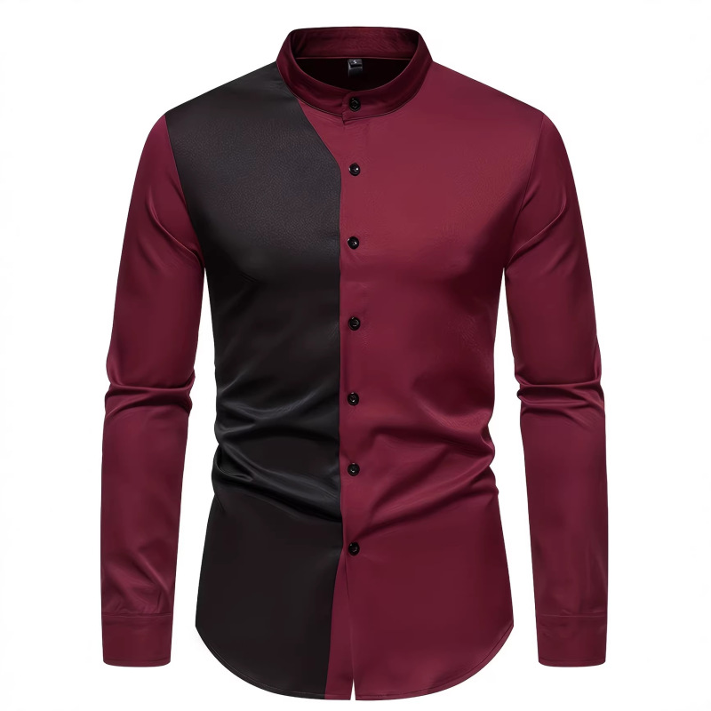 New Men's Henry Collar Color-Blocked Long-Sleeved Shirt Cross-Border Slim-Fit Color-Blocked Business Shirt Four-Way Stretch Printed Shirt for Men New Men's Henry Collar Color-Blocked Long-Sleeved Shirt Cross-Border Slim-Fit Color-Blocked Business Shirt Four-Way Stretch Printed Shirt for Men