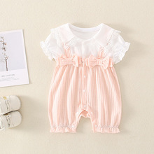 婴儿衣服连体衣夏款2023中国风爬服海军领短袖哈衣女宝宝短袖衣服