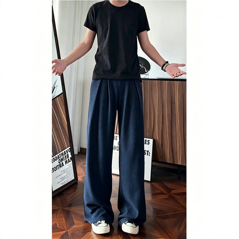 Navy Blue Reverse Scale A-Line Style Pants for Men, Summer Thin Breathable Ice Silk Wide-Leg Pants, Slimming Sports Casual Pants