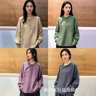 亚麻2026秋季复古文艺亚麻衬衫宽松薄款女复古亚麻衬衣亚麻上衣