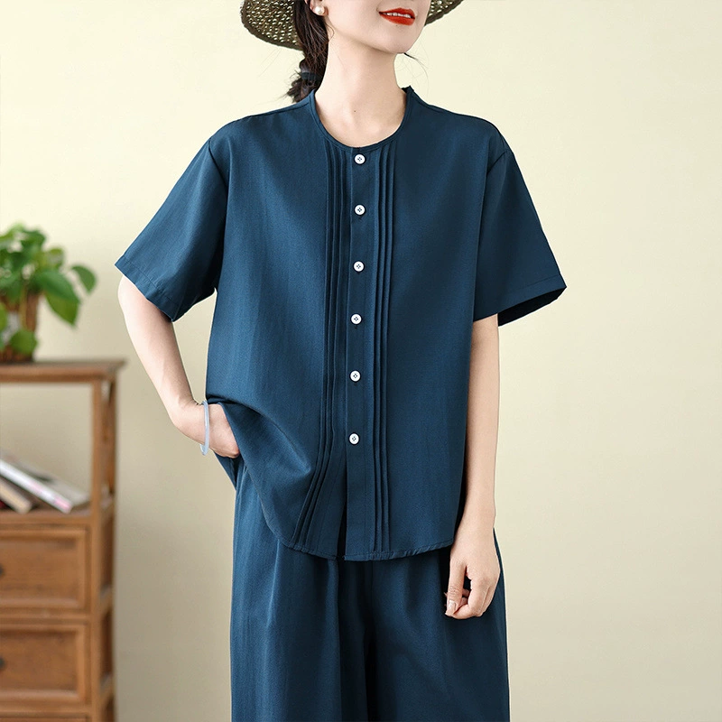 Solid organ, shirt with a round collar, trousers, set, elastic waist