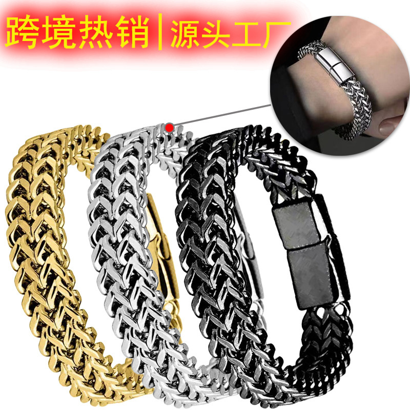 Cross-Border Popular Hip-Hop Stainless Steel Double-Sided Men's Bracelet, Simple and Bold Punk Style, High-End Jewelry Bracelet for Men