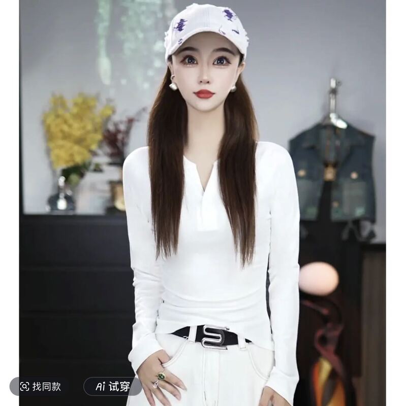 2025早秋小众设计V领纽扣打底衫女修身长袖辣妹显瘦正肩开衫上衣|undefined