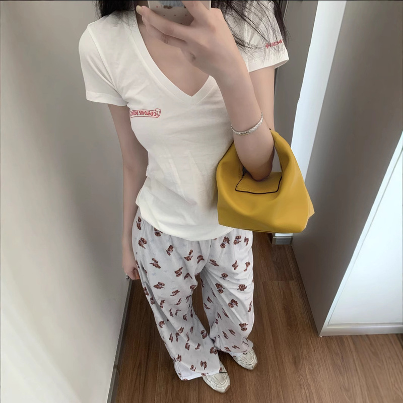 25Ss Correct Version Crowe Black Slim V Neck Short-Sleeved T-Shirt Women's Summer Slimming Look Top White V Neck T-Shirt