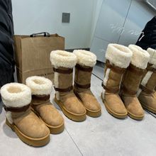 PRUGGI桑坡雪地靴厚底羊皮毛一体女骑士靴羊羔卷毛加绒保暖皮带扣