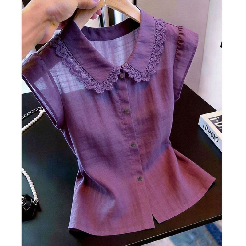 2026 Summer New Women's French-Style Purple-Toned Lace Doll Collar Waist-Cinching Slim-Fit Sleeveless Vintage Shirt 2026 Summer New Women's French-Style Purple-Toned Lace Doll Collar Waist-Cinching Slim-Fit Sleeveless Vintage Shirt