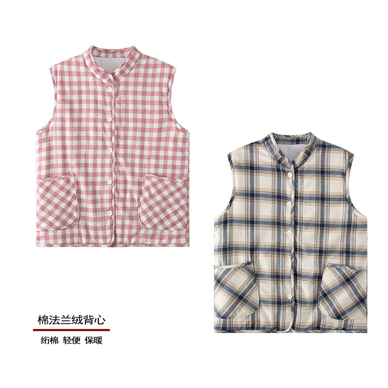 Winter Middle-aged and Elderly Warm Cotton Collarless Cotton Vest Cotton Casual Thickened Plaid Women's Wearing Cotton Vest