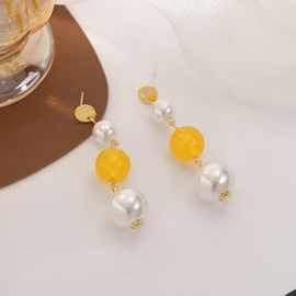 S925银针韩国串珠时尚珍珠长款串色黄色耳钉耳饰女