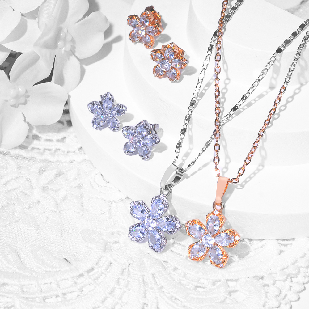 Diseño floral de moda pendientes de zircón collar de joyería popular transfronteriza conjunto de joyería para mujeres hermosas pendientes colgante dos piezas conjunto image 1