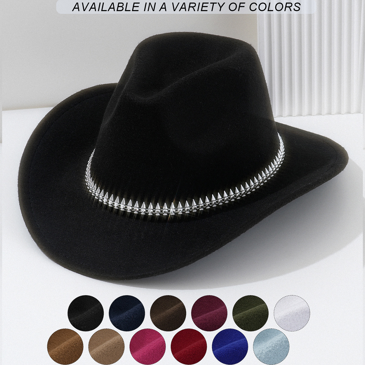 Cappello da cowboy in feltro bianco da donna con borchie a spina di pesce, accessorio trendy per feste, spettacoli di moto e fotografia._voghion.com
