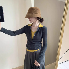 话撞色假两件POLO衫2025秋季新款韩版叠穿免搭配休闲显瘦上衣女