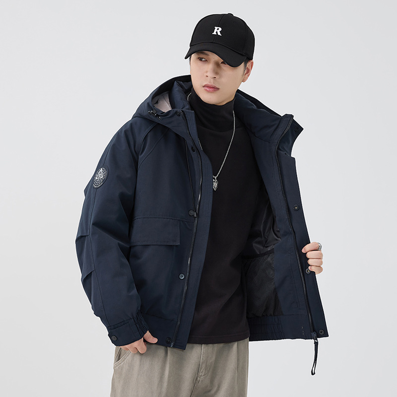 2025 invierno nuevo engrosado chaqueta encapuchada abrigo de marca de moda gran azul oscuro stock de algodón colgante