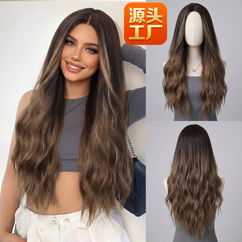 European and American Style Ins Popular Long-Haired Ladies Medium-Parted Brown Gradient High-Temperature Silk Artificial Chemical Fiber Wig Source Factory