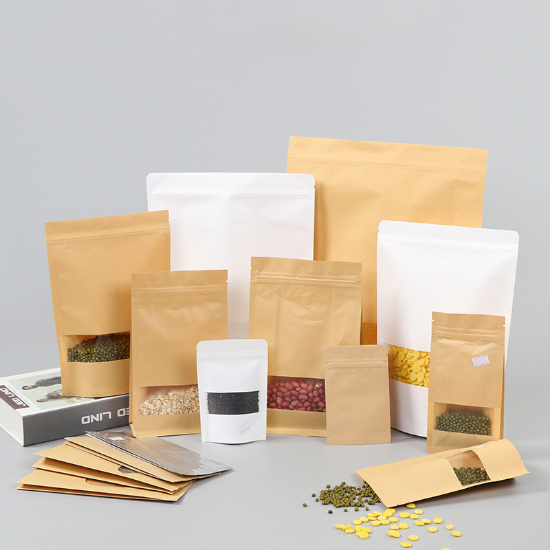 Spot bolsa de papel kraft con ventana transparente bolsa de embalaje de alimentos autosellada autoportante bolsa de té sellada de ocho lados fácil de rasgar