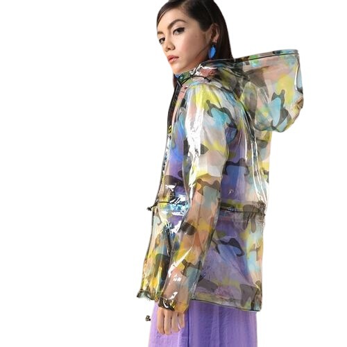 European and American Women's Hooded Raincoat tpu Transparent Printed Fashion Show Zipper Hoodie tpu Zipper Jacket Raincoat