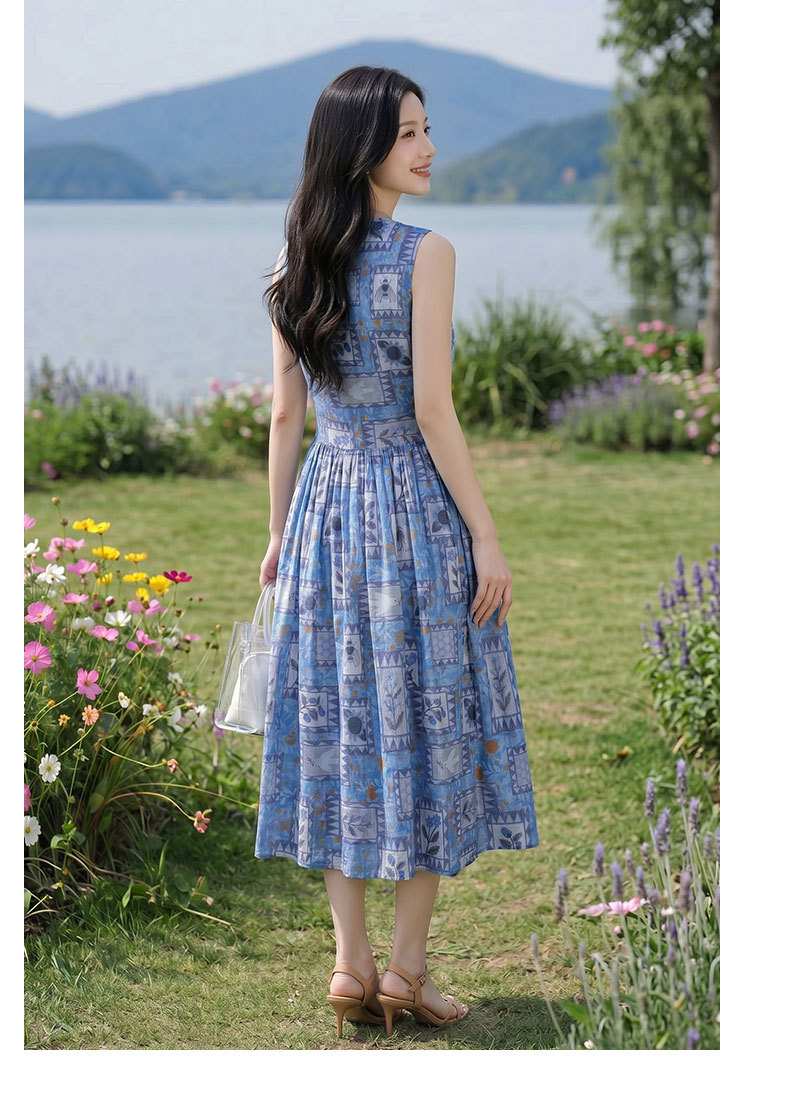 Đầm maxi nữ họa tiết hoa nhí không tay cổ tròn dáng suông thắt eo — Màu ảnh chi tiết 11
