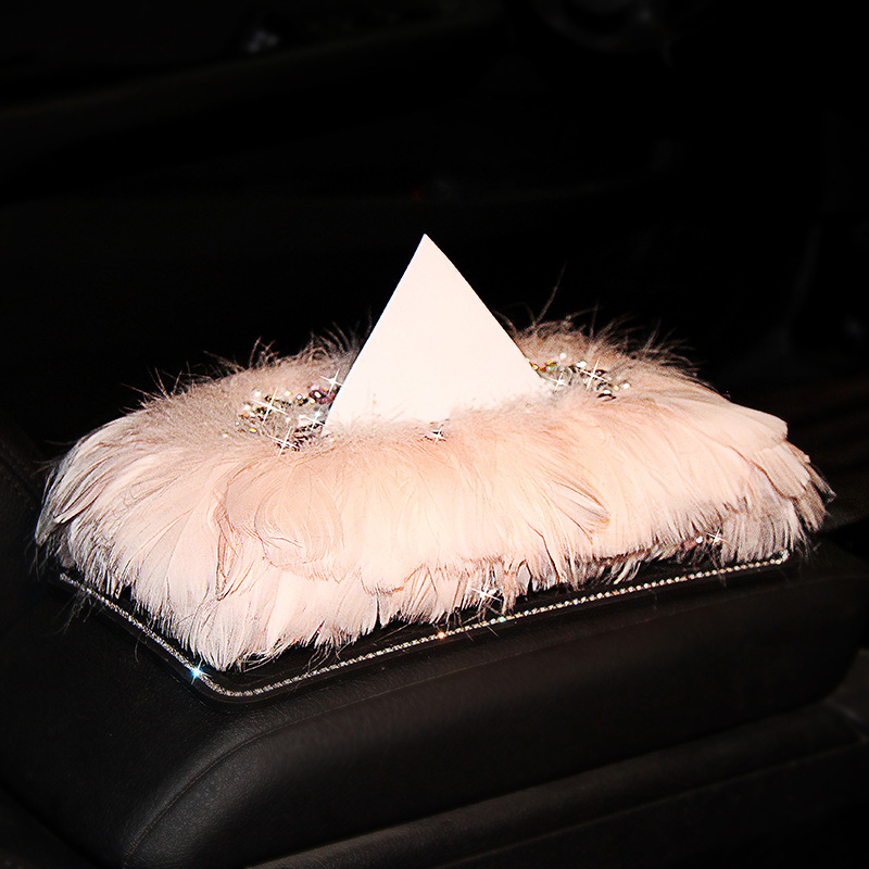 Caja de pañuelos para coche, decoración de asiento, caja de servilletas de coche con plumas de diamantes de imitación para coche, decoración interior brillante y hermoso
