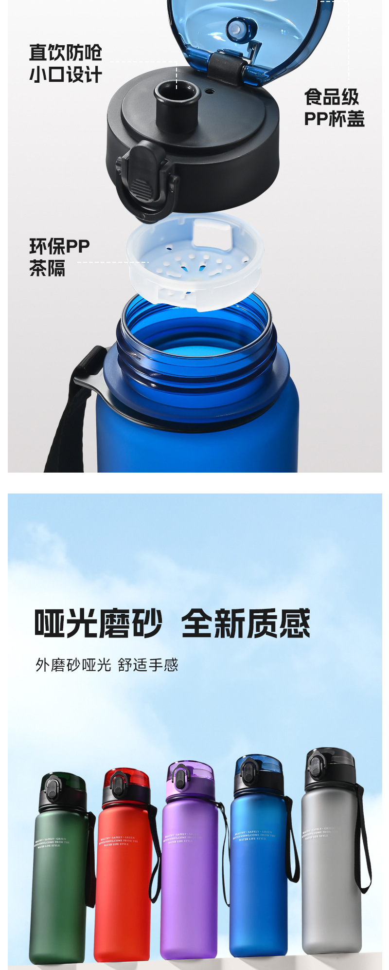 Simple Matte Plastic Sports Water Cup Portable Shatterproof Summer Outdoor Travel On-the-Go Cup Large Capacity High-End Design