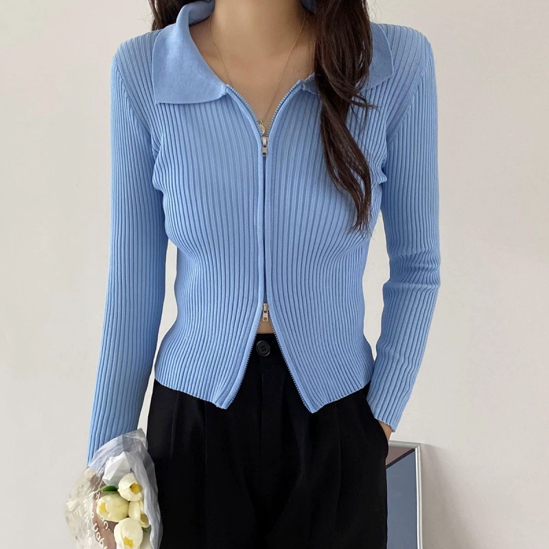 Женский вязаный кардиган с двойной головкой на молнии и длинными рукавами, короткая куртка