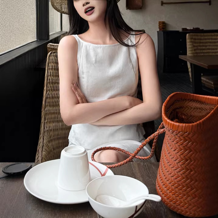 5werkw Rachel French-style waist-cinching set 100% linen off-shoulder top and straight skirt set