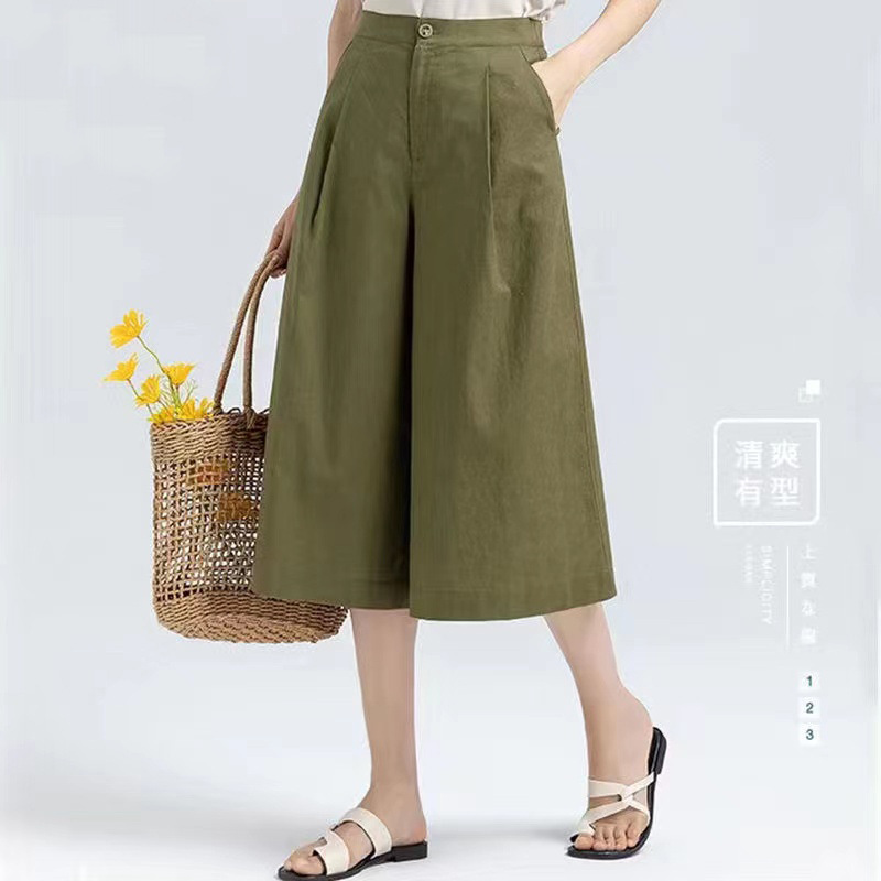 Cotton and Linen Wide-leg Pants Women's Hanging Summer Thin Loose Semi-elastic High Waist All-match Slimming Cropped Culottes for Women