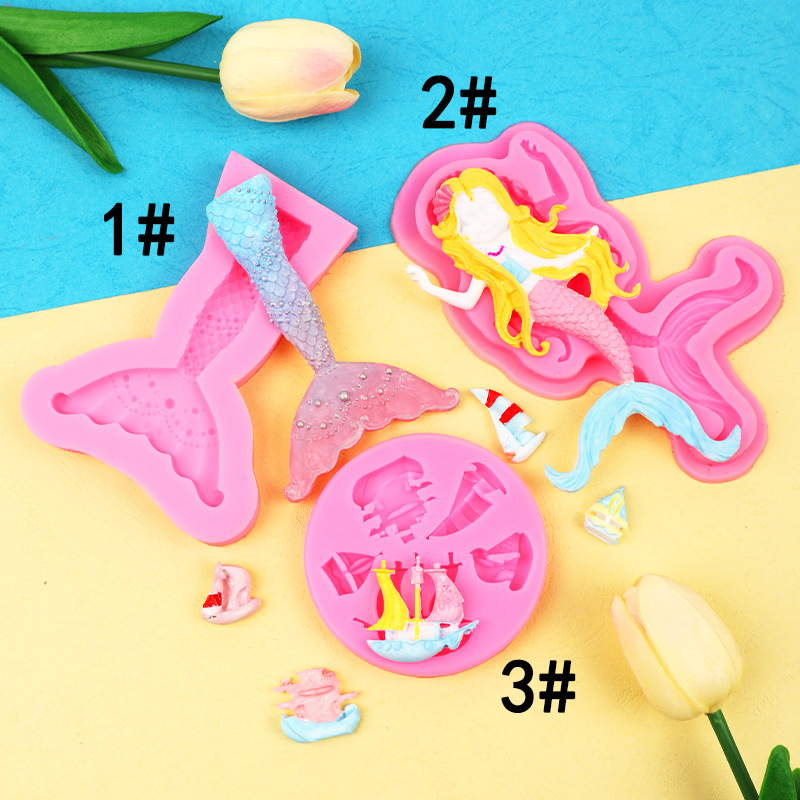 Cola de sirena Barco Pirata barco fondant cake chocolate líquido decoración molde DIY para hornear