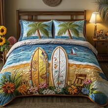 跨境三件套海边冲浪板床盖3d数码印花绗缝床来图亚马逊外贸床上用