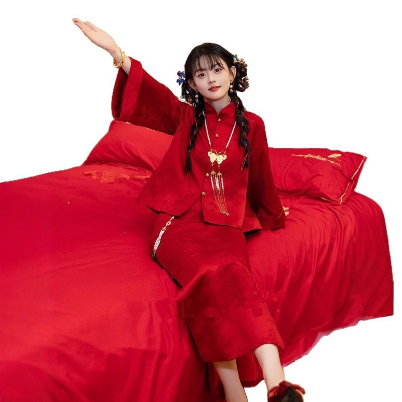 红色新中式敬酒服旗袍2025国风新款新娘订婚礼服回门长袖套装|undefined