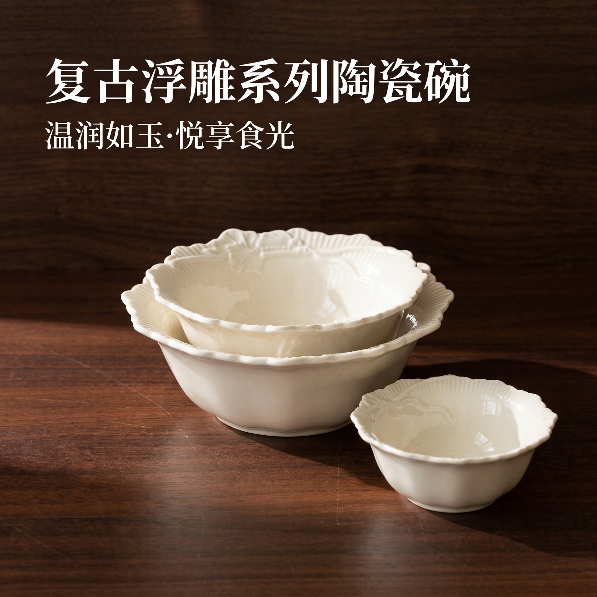 Vintage embossed lace ceramic bowl, cream white, for home use, suitable as a rice bowl, soup bowl, noodle bowl, salad bowl, fruit bowl, or dessert bowl