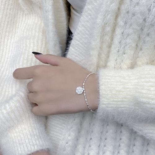 Korean Vintage S925 Pure Silver Shimmering Wave Charm Lucky Letter Round Pendant Cold Style Elegant Women's Jewelry Bracelet