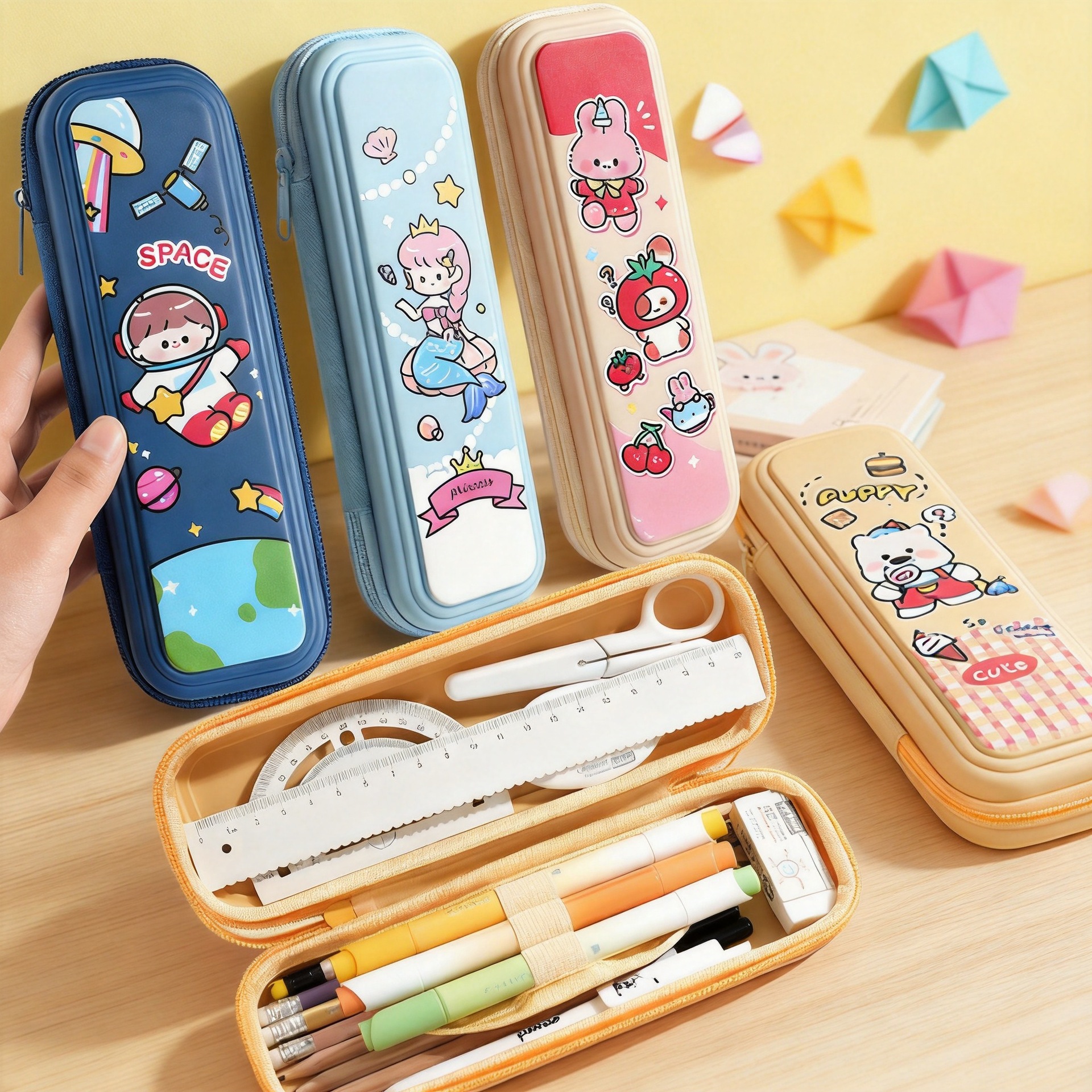 Caja de papelería de dibujos animados para niños, caja de lápiz multifuncional impermeable de gran capacidad para estudiantes de primaria, caja de lápiz de doble capa de almacenamiento encantadora
