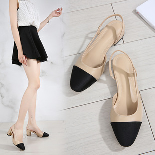 Spot Cross-border Style Small Fragrant Style Color-matching Empty-toe Sandals Women's Square-toe Thick-heeled Sandals Flat Size Size