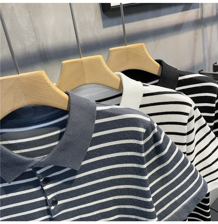 Men's Slim Fit Polo Shirt Striped Short Sleeve Ice Silk T-Shirt Business Casual Lapel Summer Top POLO Clothing_viptrois.com