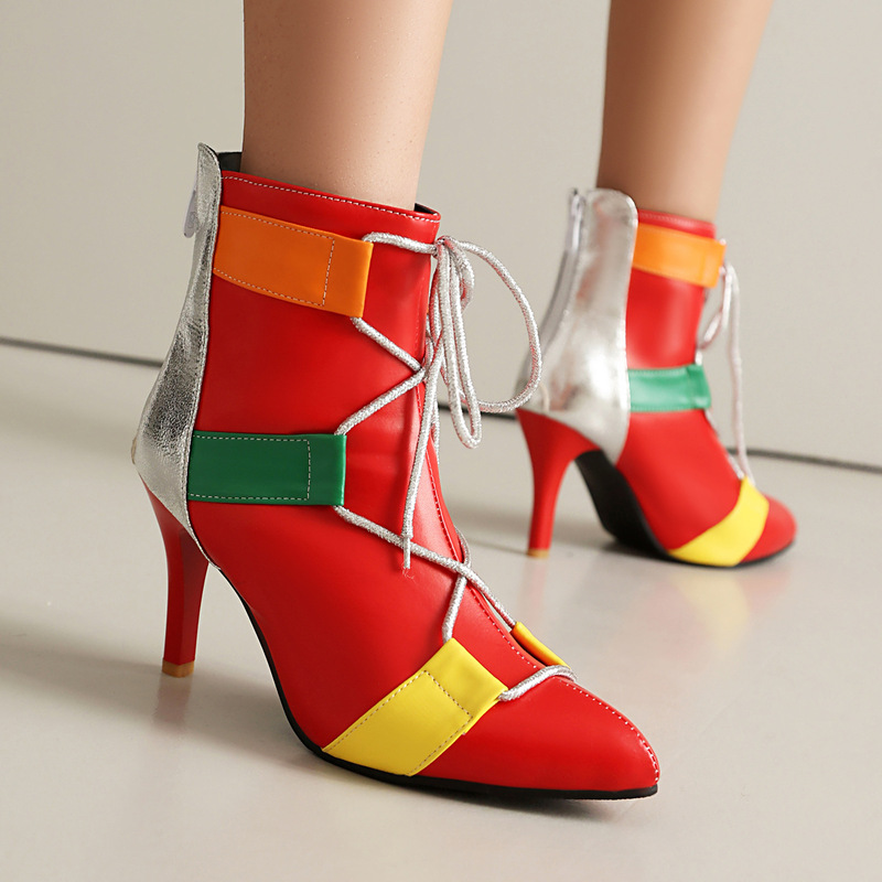 2025 Autumn and Winter Sexy Stiletto Heels 40-47 Large Size Lace-Up Pointed Toe Low Boots for Women X25090002