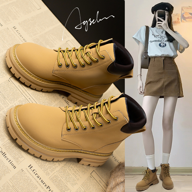 Botas Augusden Martin para mujer 2025, nuevas botas cortas de estilo británico retro con suela gruesa, estilo workwear, para primavera y otoño, color amarillo.